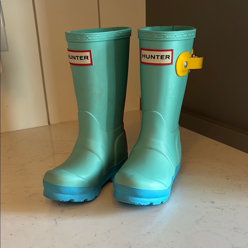 Hunter Aqua and Yellow Kids Rain Boots
